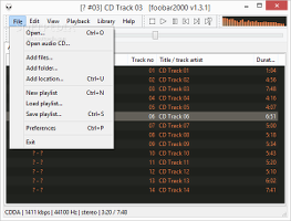 Showing the foobar2000 File menu and options